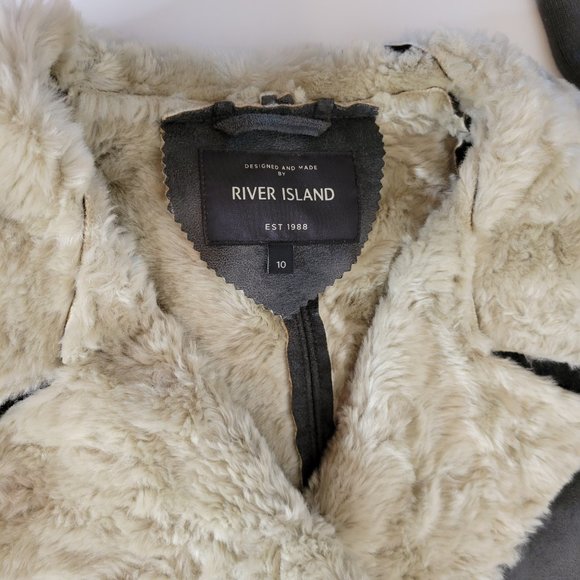 River Island Women's Faux Suede and Fleece Bomber Jacket, Blk/Beige, Size 10 - Picture 4 of 11